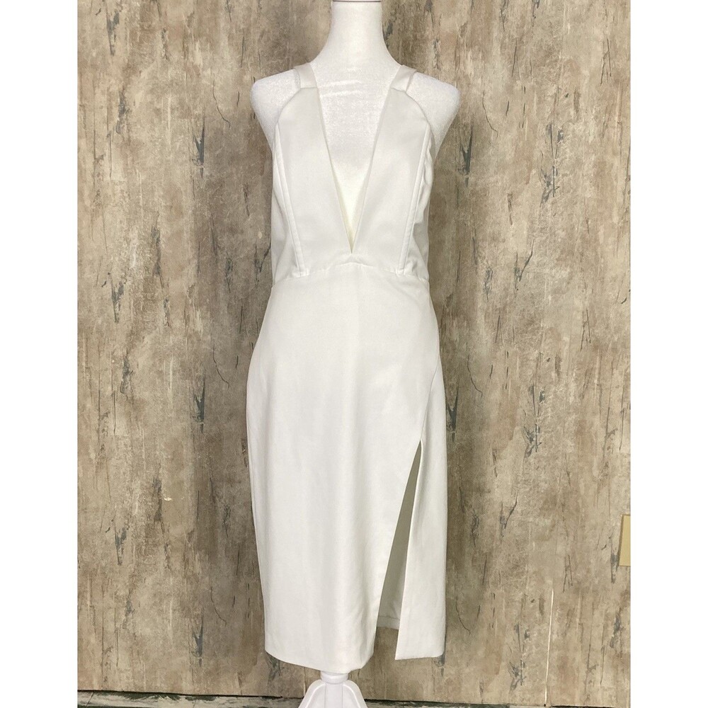 Michelle Mason SZ 6 White Midi Dress Deep V Neck Slit Bodycon Event Cocktail EUC